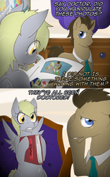 Size: 1000x1602 | Tagged: safe, artist:cnat, derpy hooves, doctor whooves, roseluck, time turner, earth pony, pony, ask pun, lovestruck derpy, g4, ask, book, doctor whooves is not amused, implied time travel, pun