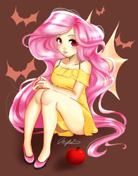 Size: 1100x1400 | Tagged: safe, artist:datpon3, fluttershy, bat pony, human, g4, adorasexy, apple, bat ponified, clothes, cute, dress, female, flutterbat, food, humanized, large voluminous hair, legs, looking at you, race swap, red eyes, schrödinger's pantsu, sexy, shoes, shyabetes, solo, sundress, winged humanization, wings