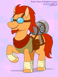 Size: 750x1000 | Tagged: safe, artist:drjavi, oc, oc only, oc:brass tacks, earth pony, pony, clothes, goggles, rocket, scarf, solo, spats