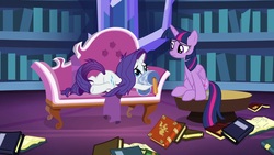 Size: 1920x1080 | Tagged: safe, screencap, rarity, twilight sparkle, alicorn, pony, dragon dropped, g4, book, bookshelf, fainting couch, library, marshmelodrama, messy mane, twilight sparkle (alicorn), twilight's castle, twilight's castle library