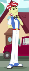 Size: 398x945 | Tagged: safe, screencap, flim, equestria girls, equestria girls series, g4, holidays unwrapped, spoiler:eqg series (season 2), arm behind back, car, clothes, cropped, male, pants, shoes, smiling, solo