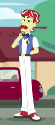 Size: 444x996 | Tagged: safe, screencap, flam, equestria girls, equestria girls series, g4, holidays unwrapped, spoiler:eqg series (season 2), arm behind back, car, clothes, cropped, male, pants, shoes, solo