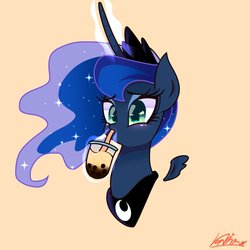 Size: 768x768 | Tagged: safe, artist:nanima, princess luna, alicorn, pony, g4, bubble tea, bust, crown, curved horn, female, floating wings, horn, jewelry, mare, regalia, simple background, solo, wings