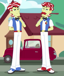 Size: 792x945 | Tagged: safe, screencap, flam, flim, equestria girls, equestria girls series, g4, my little pony equestria girls: holidays unwrapped, the cider louse fools, spoiler:eqg series (season 2), arm behind back, bowtie, car, clothes, cropped, flim flam brothers, holiday, house, smiling