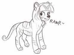 Size: 2399x1799 | Tagged: safe, artist:blackligerth, twilight sparkle, big cat, pony, tiger, g4, black and white, clothes, costume, cute, fangs, female, grayscale, mare, monochrome, rawr, simple background, sketch, solo, twiabetes, twiger, white background
