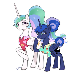 Size: 1040x1040 | Tagged: safe, artist:extraluna, princess celestia, princess luna, alicorn, pony, between dark and dawn, g4, alternate hairstyle, clothes, cute, female, hair bun, laughingmares.jpg, mare, ponytail, royal sisters, simple background, white background
