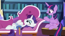 Size: 1920x1080 | Tagged: safe, screencap, rarity, twilight sparkle, alicorn, pony, dragon dropped, bookshelf, fainting couch, library, messy mane, pillow, twilight sparkle (alicorn), twilight's castle, twilight's castle library