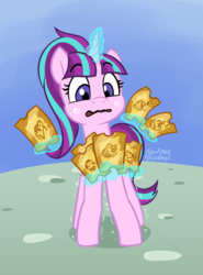 Size: 753x1020 | Tagged: safe, artist:soulcentinel, applejack, fluttershy, pinkie pie, rainbow dash, rarity, starlight glimmer, twilight sparkle, pony, unicorn, fanfic:twin fates, g4, cute, fanfic, fanfic art, fanfic cover, female, magic, mane six, mare, nervous, open mouth, ponytail, sweat, telekinesis, ticket