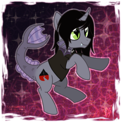 Size: 894x894 | Tagged: safe, artist:kazziepones, half-siren, hybrid, pony, bipedal, clothes, commission, curved horn, fangs, fins, fish tail, hair over one eye, happy, horn, jewelry, kellin quinn, male, necklace, ponified, shirt, sleeping with sirens, slit pupils, smiling, solo, t-shirt