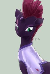 Size: 1377x2039 | Tagged: safe, artist:oberon826, tempest shadow, pony, unicorn, g4, my little pony: the movie, broken horn, clothes, cute, female, horn, mare, scar, simple background, solo, tempestbetes