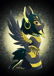 Size: 1440x2048 | Tagged: safe, artist:bbtasu, oc, oc only, monster pony, pegasus, pony, anubis, bipedal, ear piercing, earring, egyptian, female, gold, jewelry, mare, piercing, solo