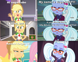 Size: 2825x2245 | Tagged: safe, edit, edited screencap, screencap, applejack, fluttershy, sugarcoat, diy with applejack, equestria girls, equestria girls series, friendship games, g4, rollercoaster of friendship, spoiler:eqg series (season 2), comic, discovery family logo, high res, name, screencap comic, shadowbolts, sugarcoat being sugarcoat, sugarcube, talking