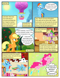 Size: 612x792 | Tagged: safe, artist:newbiespud, edit, edited screencap, screencap, applejack, pinkie pie, rainbow dash, spike, twilight sparkle, dragon, earth pony, pegasus, pony, unicorn, comic:friendship is dragons, g4, griffon the brush off, apple, book, bookshelf, cloud, comic, dialogue, eyes closed, female, flying, food, freckles, frown, golden oaks library, hat, hot air balloon, jumping, looking down, male, mare, screencap comic, sticky note, sun, tree, unicorn twilight
