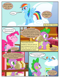 Size: 612x792 | Tagged: safe, artist:newbiespud, edit, edited screencap, screencap, pinkie pie, rainbow dash, spike, dragon, earth pony, pegasus, pony, comic:friendship is dragons, g4, griffon the brush off, cloud, comic, dialogue, female, grin, looking down, looking up, male, mare, on a cloud, screencap comic, scroll, slit pupils, smiling