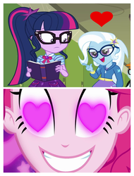 Size: 3106x4096 | Tagged: safe, pinkie pie, sci-twi, snips, trixie, twilight sparkle, best trends forever, best trends forever: twilight sparkle, coinky-dink world, equestria girls, g4, my little pony equestria girls: better together, my little pony equestria girls: summertime shorts, female, geode of telekinesis, glasses, heart, heart eyes, lesbian, magical geodes, meme, offscreen character, pinkie the shipper, pinkie's eyes, ship:sci-twixie, ship:twixie, shipping, wingding eyes
