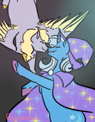 Size: 827x1063 | Tagged: safe, artist:lieutenantcactus, artist:polyquestria, derpy hooves, trixie, pegasus, pony, unicorn, g4, boop, eyes closed, female, gradient background, lesbian, mare, noseboop, shipping, smiling, tripy