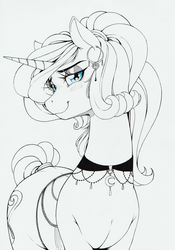 Size: 1179x1681 | Tagged: safe, artist:longinius, oc, oc only, oc:silk lace, pony, unicorn, blushing, choker, clothes, corset, cutie mark earrings, ear piercing, earring, female, jewelry, lidded eyes, lineart, looking at you, mare, monochrome, necklace, partial color, piercing, ponytail, solo, tail wrap