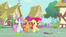 Size: 1920x1080 | Tagged: safe, screencap, apple bloom, scootaloo, sweetie belle, earth pony, pegasus, pony, unicorn, g4, one bad apple, balloon, cutie mark crusaders, female, filly, out of context, sad, trio