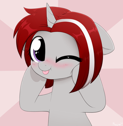 Size: 3000x3073 | Tagged: safe, artist:moozua, oc, oc only, oc:wut do, pony, unicorn, :p, blushing, female, high res, looking at you, mare, one eye closed, silly, solo, tongue out, wink
