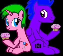 Size: 2048x1832 | Tagged: safe, artist:cozmo312bb, oc, oc:candy bliss, oc:retail revenue, pony, brother and sister, cupcake, duo, female, food, male, siblings