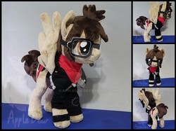Size: 1024x767 | Tagged: safe, artist:appledew, pegasus, pony, armband, clothes, commission, frown, glasses, irl, jacket, male, mikey way, my chemical romance, photo, plushie, ponified, scarf, solo, spread wings, stallion, standing, wings, wristband