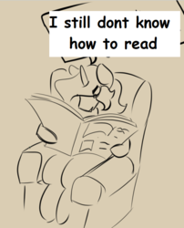 Size: 586x725 | Tagged: safe, artist:sile-animus, oc, oc only, oc:sile, pony, chair, illiteracy, male, meme, newspaper, reading, recliner, sitting, solo, text