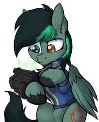 Size: 3700x4550 | Tagged: safe, artist:tatykin, oc, oc only, oc:target strike, pegasus, pony, clothes, fallout, heterochromia, jumpsuit, male, pipboy, solo, stallion, vault 111, vault suit