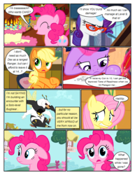 Size: 612x792 | Tagged: safe, artist:newbiespud, edit, edited screencap, screencap, applejack, fluttershy, pinkie pie, rarity, twilight sparkle, bugbear, earth pony, pegasus, pony, unicorn, comic:friendship is dragons, g4, griffon the brush off, bags under eyes, cake, candle, comic, confused, dialogue, drawing, female, food, glasses, glowing horn, grin, hat, horn, looking up, magic, mare, nervous, nervous smile, paw pads, pen, quill, reading, screencap comic, scroll, smiling, telekinesis, thinking, tired, unicorn twilight, wide eyes