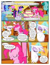 Size: 612x792 | Tagged: safe, artist:newbiespud, edit, edited screencap, screencap, gilda, merry may, minuette, pinkie pie, spike, spring melody, sprinkle medley, twilight sparkle, earth pony, griffon, pegasus, pony, unicorn, comic:friendship is dragons, g4, griffon the brush off, background pony, balloon, cake, candle, candy, candy cane, comic, dialogue, eyes closed, female, food, frown, male, mare, screencap comic, smiling, sugarcube corner, unamused, unicorn twilight