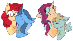 Size: 4000x2273 | Tagged: safe, artist:bitsandbees, oc, oc only, oc:apple berry, oc:dusk fire (ice1517), oc:jasper (ice1517), oc:twinkle mint, earth pony, pegasus, pony, unicorn, icey-verse, blushing, bust, cute, eyes closed, female, freckles, gay, glasses, kiss on the lips, kissing, lesbian, magical lesbian spawn, male, mare, nuzzling, oc x oc, offspring, parent:applejack, parent:lightning dust, parent:limestone pie, parent:minuette, parent:starlight glimmer, parent:strawberry sunrise, parent:sunset shimmer, parent:trixie, parents:applerise, parents:limedust, parents:minixie, parents:shimmerglimmer, shipping, simple background, stallion, surprised, trans male, transgender, transparent background, watermark, ych result