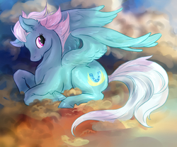 Size: 2776x2300 | Tagged: safe, artist:souri, fleetfoot, pegasus, pony, g4, cloud, female, high res, mare, prone, smiling, solo, wings