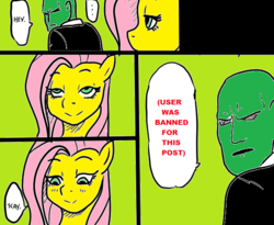Size: 598x490 | Tagged: artist needed, source needed, safe, fluttershy, oc, oc:anon, human, pegasus, pony, g4, 4chan, a friendly orc's daily life, clothes, comic, dialogue, female, male, mare, speech bubble, suit, user was banned for this post