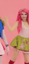 Size: 284x624 | Tagged: safe, fluttershy, rainbow dash, human, equestria girls, g4, my little pony & equestria girls el show en vivo, animated, boots, clothes, cosplay, costume, gif, irl, irl human, miniskirt, panty shot, photo, pink panties, pink underwear, pirouette, shoes, skirt, skirt lift, socks, upskirt