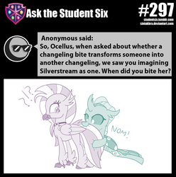 Size: 800x805 | Tagged: safe, artist:sintakhra, ocellus, silverstream, changedling, changeling, classical hippogriff, hippogriff, tumblr:studentsix, g4, bugs doing bug things, confused, cute, diaocelles, diastreamies, dragging, exclamation point, jewelry, looking back, necklace, nom, post-it, question mark, stair keychain, tail bite