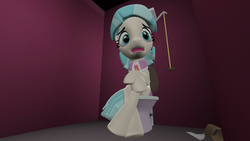 Size: 1280x720 | Tagged: safe, artist:unknownface24, coco pommel, earth pony, pony, g4, 3d, but why, crossed legs, description at source, female, fetish, frown, implied diarrhea, implied pooping, mare, no toilet paper, open mouth, questionable source, sitting on toilet, solo, stuck, toilet, toilet paper, wide eyes