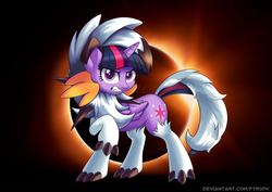 Size: 1000x707 | Tagged: safe, artist:pyropk, twilight sparkle, alicorn, lycanroc, pony, g4, animal costume, clothes, cosplay, costume, crossover, dusk lycanroc, fangs, female, gritted teeth, pokémon, solo, twilight sparkle (alicorn), wolf costume
