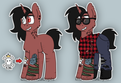 Size: 1564x1074 | Tagged: safe, artist:bluedinoadopts, oc, oc only, oc:blockbuster (ice1517), pony, unicorn, vampire, blank flank, blue background, boots, chest fluff, clothes, ear fluff, ear piercing, earring, eyebrow piercing, fangs, flannel, heterochromia, jeans, jewelry, nonbinary, pants, piercing, scar, shoes, simple background, socks, solo, striped socks, sunglasses, tattoo, torn clothes