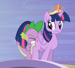 Size: 743x673 | Tagged: safe, edit, edited screencap, screencap, spike, twilight sparkle, alicorn, pony, g4, princess twilight sparkle (episode), big crown thingy, context is for the weak, cropped, duo, element of magic, faceful of ass, jewelry, regalia, spike running into twilight's rear, twilight sparkle (alicorn)