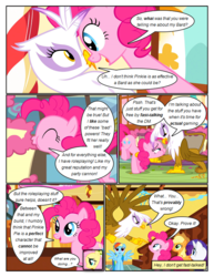 Size: 612x792 | Tagged: safe, artist:newbiespud, edit, edited screencap, screencap, applejack, fluttershy, gilda, pinkie pie, rainbow dash, rarity, earth pony, griffon, pegasus, pony, unicorn, comic:friendship is dragons, g4, angry, cake, comic, dialogue, eating, female, flying, food, freckles, hat, looking down, looking up, mare, open mouth, pointing, puffy cheeks, screencap comic, smiling, sugarcube corner, worried