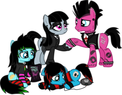 Size: 1983x1550 | Tagged: safe, artist:lightningbolt, derpibooru exclusive, oc, oc only, oc:emo lad, oc:goth lass, oc:punk dude, oc:scene chick, earth pony, pony, g4, .svg available, anarchy, arm warmers, bags under eyes, bridge piercing, brother and sister, cd player, choker, clandestine industries, clothes, dyed mane, dyed tail, ear piercing, earbuds, earring, emo, eyebrow piercing, eyeliner, eyeshadow, family, father, female, fingerless gloves, floppy ears, frown, gauges, gem, gloves, goth, group, holding hooves, hoodie, hoof hold, husband and wife, jacket, jewelry, leather jacket, leg band, lidded eyes, lip piercing, long sleeves, looking at each other, makeup, male, mare, mohawk, mother, neck piercing, necklace, nose piercing, pierce the veil, piercing, prone, punk, raised hoof, sad, safety pin, scene, scene kid, shipping, shirt, show accurate, siblings, simple background, skirt, sleeveless, smiling, snake bites, socks, stallion, standing, straight, striped hoodie, striped socks, studded bracelet, svg, t-shirt, tail band, tattoo, tongue out, tongue piercing, transparent background, transparent skirt, undershirt, vector