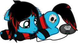 Size: 904x496 | Tagged: safe, artist:lightningbolt, derpibooru exclusive, oc, oc only, oc:emo lad, earth pony, pony, g4, cd player, clothes, ear piercing, earbuds, earring, emo, fingerless gloves, floppy ears, gloves, hoodie, jewelry, leg band, lip piercing, male, pierce the veil, piercing, prone, sad, show accurate, simple background, solo, stallion, striped hoodie, transparent background