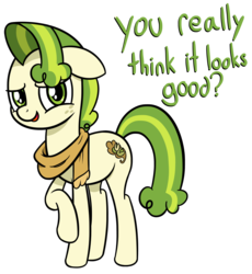 Size: 3222x3496 | Tagged: safe, artist:czu, pistachio, earth pony, pony, g4, clothes, cute, dialogue, floppy ears, high res, looking at you, male, pistachiaww, raised hoof, scarf, simple background, smiling, solo, stallion, text, transparent background