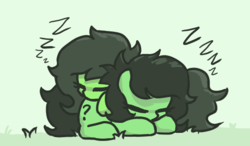 Size: 542x316 | Tagged: safe, artist:plunger, oc, oc only, oc:filly anon, earth pony, pony, butt pillow, cute, eyes closed, female, filly, grass, ocbetes, onomatopoeia, question mark, sleeping, snuggling, sound effects, zzz