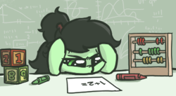 Size: 389x213 | Tagged: safe, artist:plunger, oc, oc only, oc:filly anon, earth pony, pony, abacus, baby, baby pony, blocks, chalkboard, crayon, cute, equation, female, filly, frustrated, math, numbers, paper, ponytail, solo, table