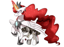 Size: 2700x1968 | Tagged: safe, artist:pridark, raven, oc, oc:solaris, alicorn, pony, fallout equestria, fallout equestria: influx, g4, alicorn oc, armor, fanfic art, female, mare, protecting, serious, serious face, simple background, transparent background