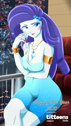 Size: 1080x1920 | Tagged: safe, artist:emjapeve-art, rarity, equestria girls, g4, 2020, alcohol, beautisexy, blushing, breasts, busty rarity, champagne, champagne glass, cleavage, clothes, dress, female, fireworks, glass, happy new year, happy new year 2020, holiday, jewelry, necklace, sexy, sitting, solo, wine