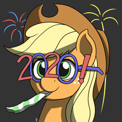 Size: 1350x1350 | Tagged: safe, artist:mkogwheel, applejack, earth pony, pony, g4, 2020, 2020 glasses, applebetes, applejack's hat, bust, cowboy hat, cute, female, fireworks, happy new year, happy new year 2020, hat, holiday, jackabetes, portrait, simple background, solo
