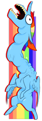Size: 596x1696 | Tagged: safe, artist:00theinkjester00, rainbow dash, alicorn, pony, g4, abstract background, alicornified, bipedal, chest fluff, curved horn, female, floppy ears, horn, long neck, not salmon, open mouth, race swap, screaming, solo, wat