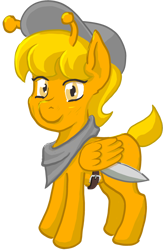 Size: 2078x3142 | Tagged: safe, artist:ciaran, derpibooru exclusive, oc, oc only, oc:sonar, pegasus, pony, 2020 community collab, derpibooru community collaboration, belt, female, hat, high res, knife, looking at you, simple background, smiling, solo, transparent background