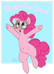 Size: 1900x2600 | Tagged: safe, artist:notenoughapples, pinkie pie, earth pony, pony, g4, 2020, armpits, belly button, cute, diapinkes, female, glasses, happy new year, happy new year 2020, holiday, new year, pubic mound, simple background, solo